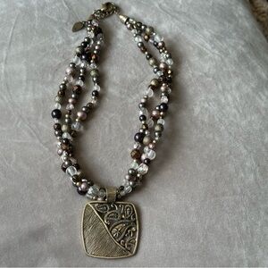 Coldwater Creek 3 Strand Beaded Necklace With Square Brass Pendant